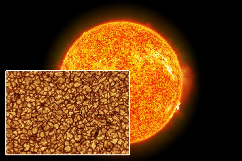 An oragne star like the Sun with a box in the corner with its surface zoomed in