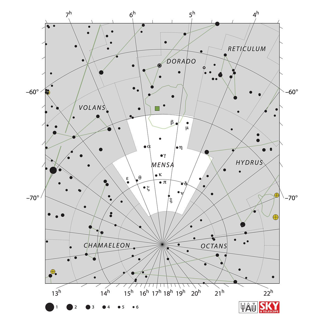 The location of the Mensa Constellation is displayed in a star map by IAU from the Sky & Telescope magazine.