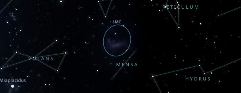 The shape and the main stars of Mensa constellation alongside the neighboring constellations in outer space.