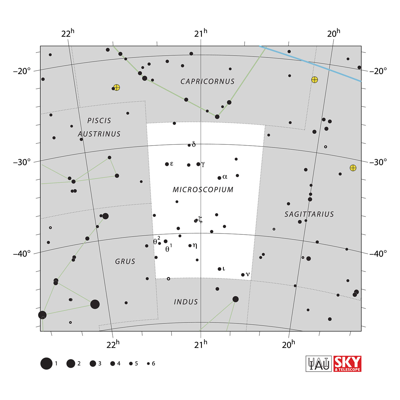 The location of the Microscopium Constellation is displayed in a star map by IAU from the Sky & Telescope magazine.