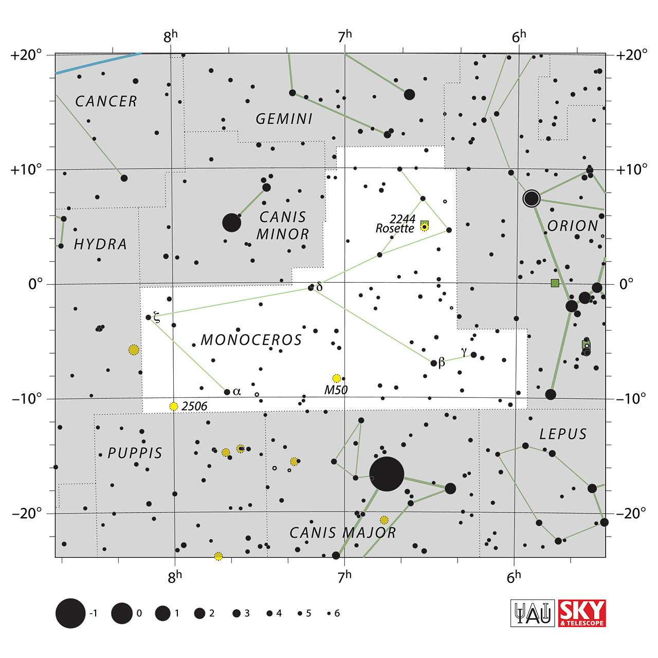 The location of the Monoceros Constellation is displayed in a star map by IAU from the Sky & Telescope magazine.