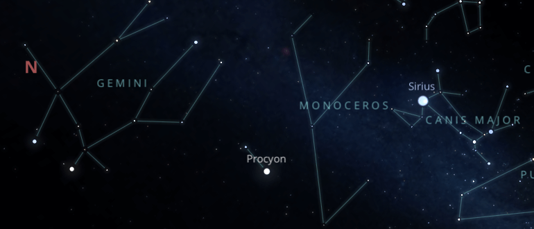 The shape and the main stars of Monoceros constellation alongside the neighboring constellations in outer space.