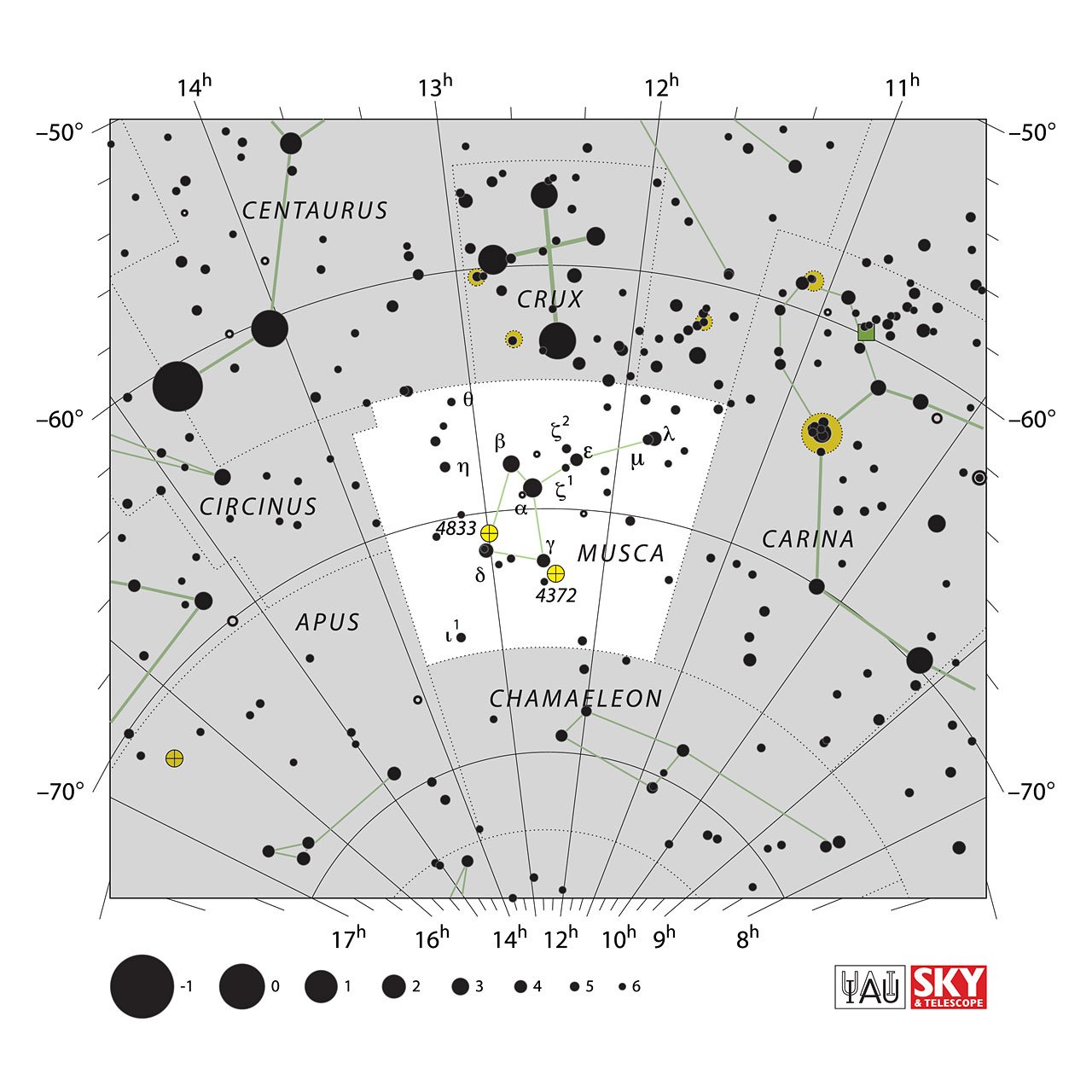 The location of the Musca Constellation is displayed in a star map by IAU from the Sky & Telescope magazine.