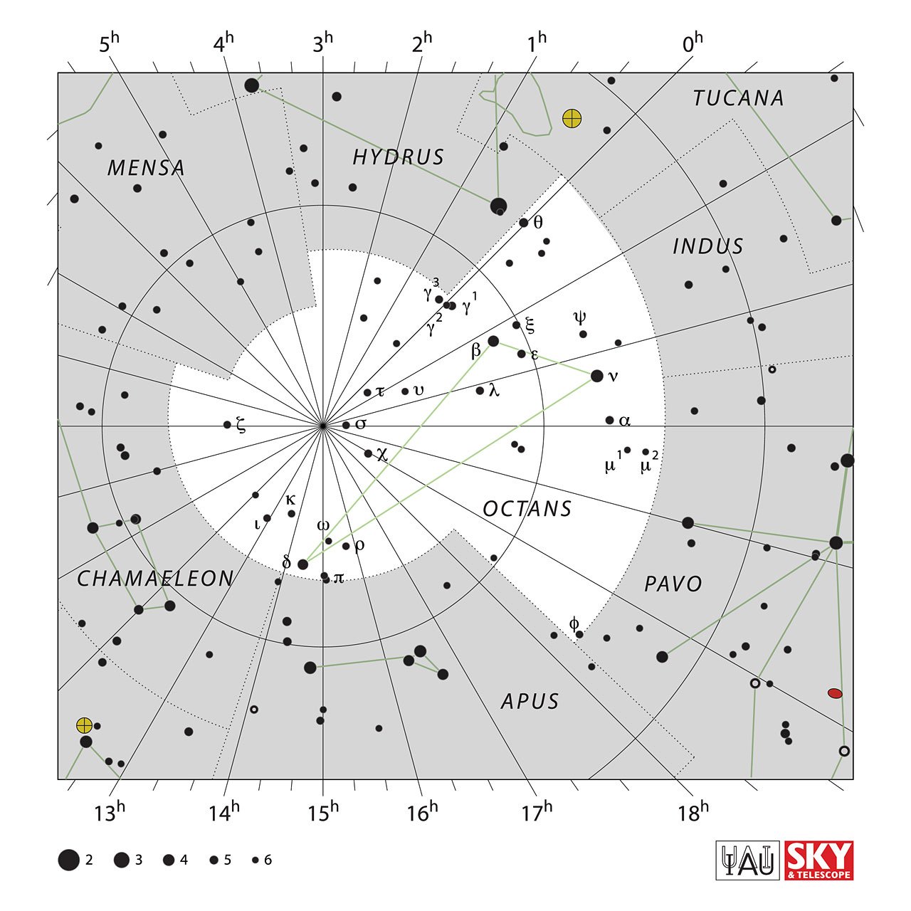 The location of the Octans Constellation is displayed in a star map by IAU from the Sky & Telescope magazine.