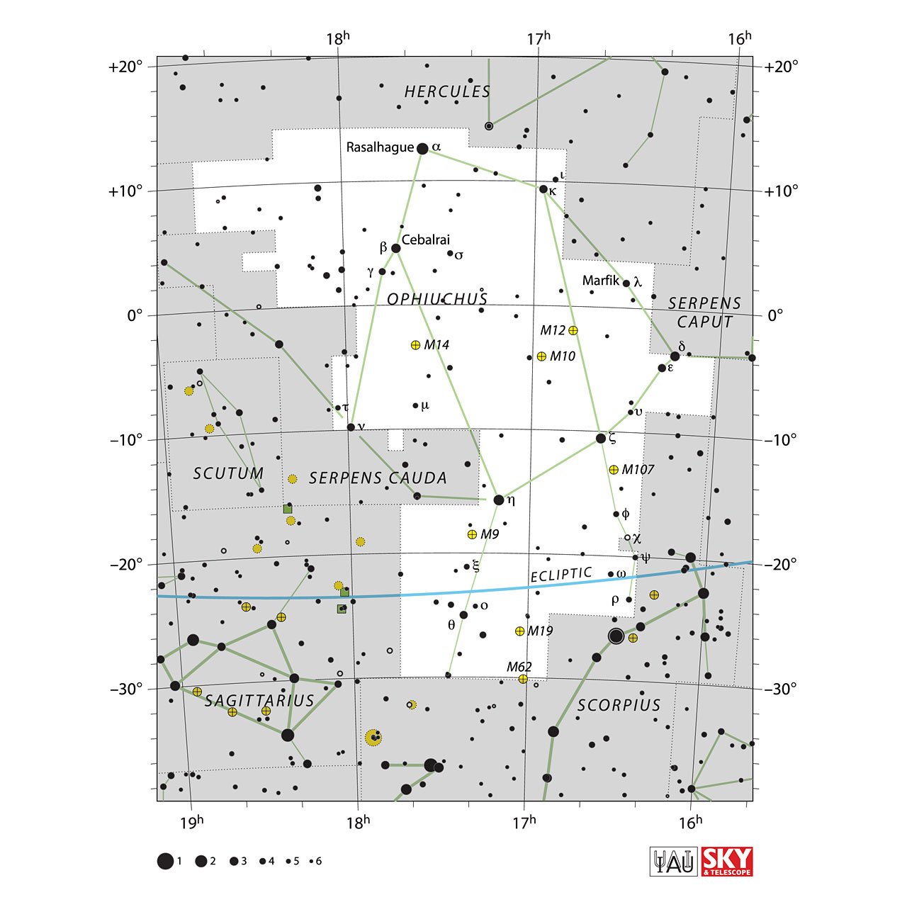 The location of the Ophiuchus Constellation is displayed in a star map by IAU from the Sky & Telescope magazine.