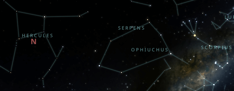 The shape and the main stars of Ophiuchus constellation alongside the neighboring constellations in outer space.