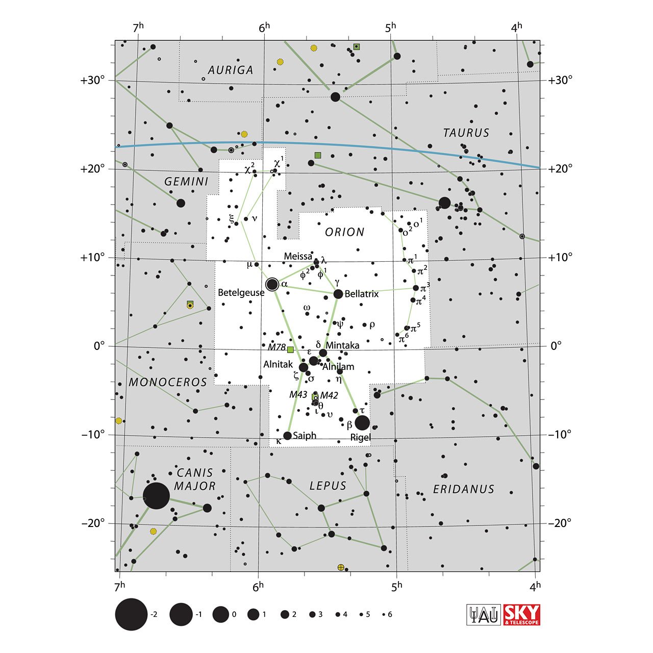 The location of the Orion Constellation is displayed in a star map by IAU from the Sky & Telescope magazine.