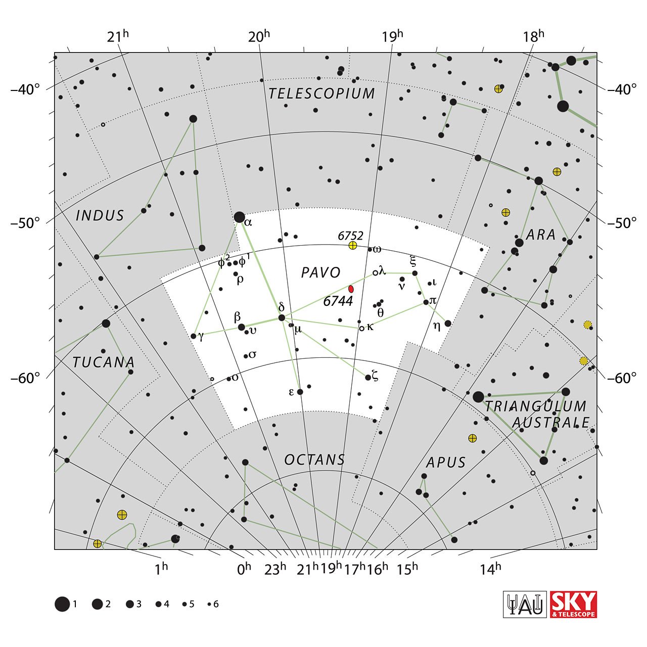 The location of the Pavo Constellation is displayed in a star map by IAU from the Sky & Telescope magazine.