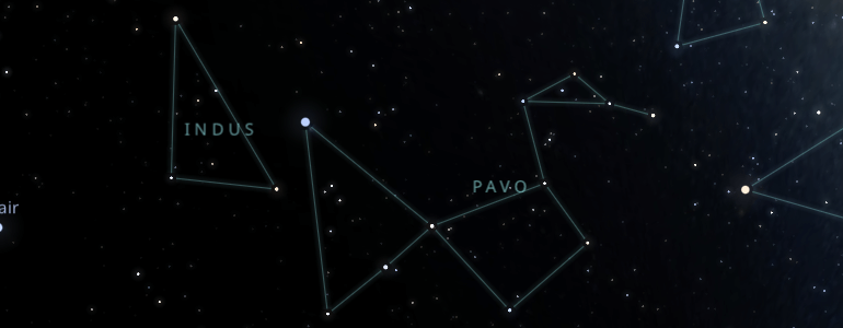 The shape and the main stars of Pavo constellation alongside the neighboring constellations in outer space.