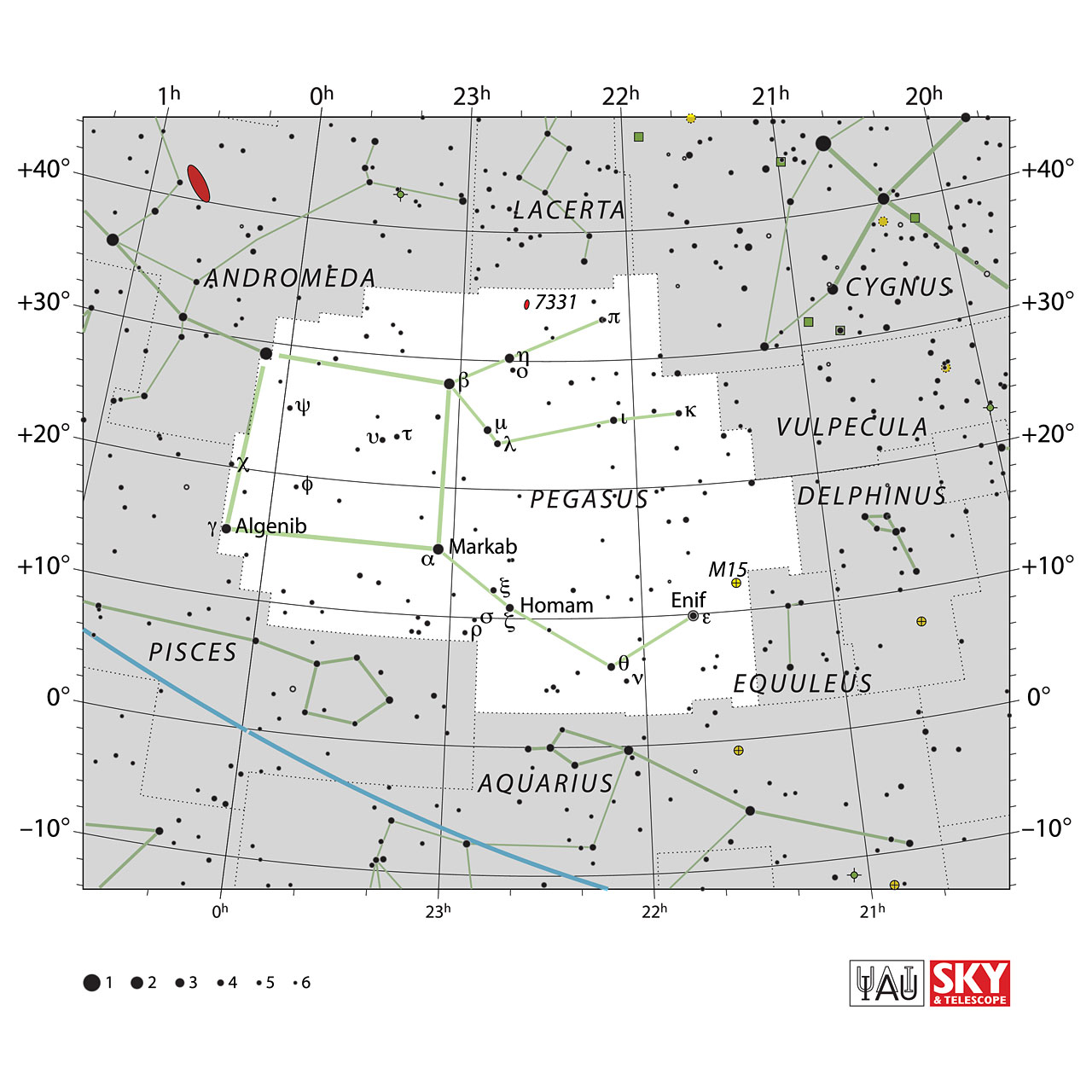 The location of the Pegasus Constellation is displayed in a star map by IAU from the Sky & Telescope magazine.