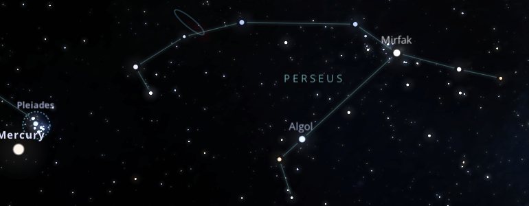 The shape and the main stars of Perseus constellation alongside the neighboring constellations in outer space.