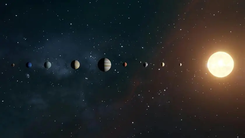 All the planets of the Solar System aligned in a straight line next to the Sun