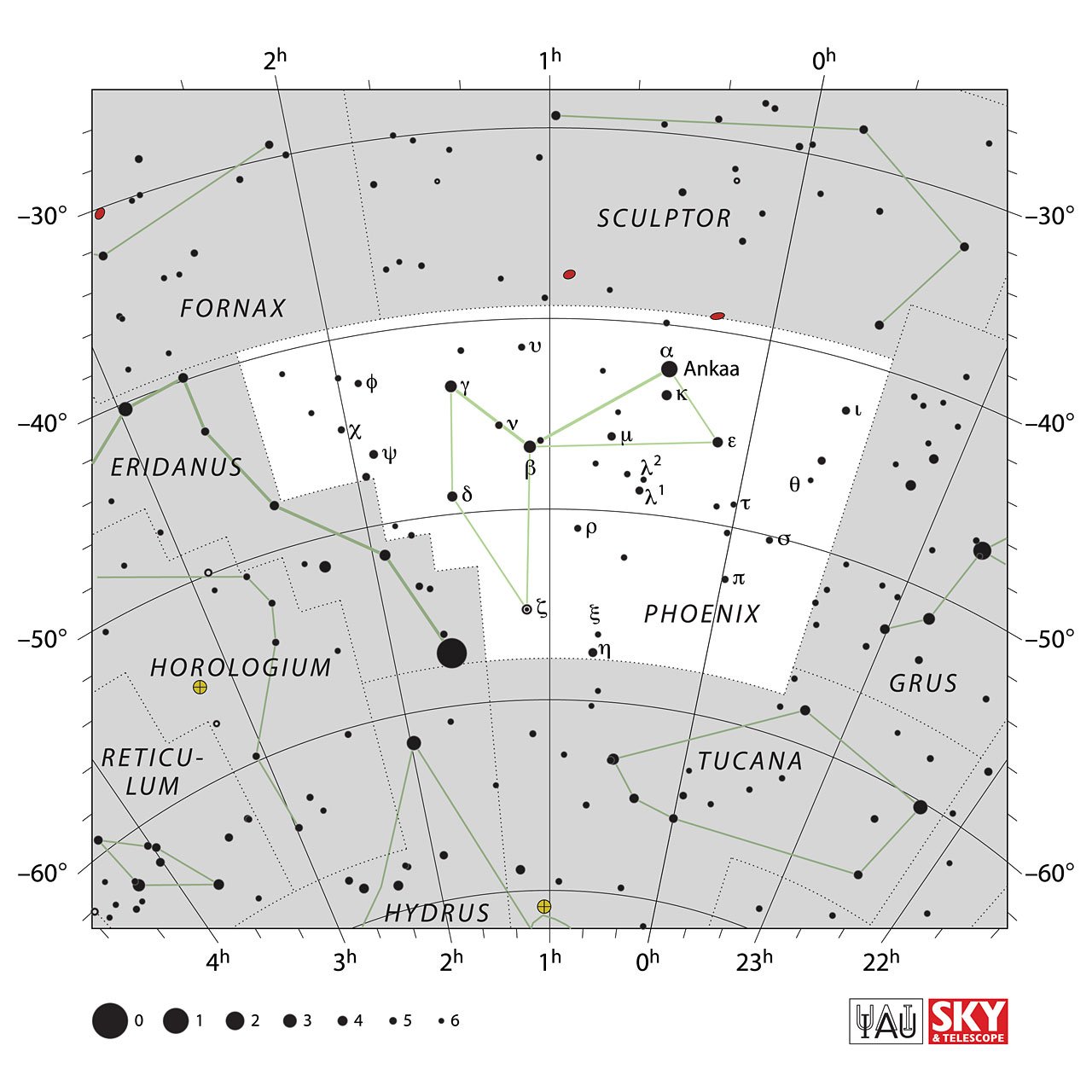 The location of the Phoenix Constellation is displayed in a star map by IAU from the Sky & Telescope magazine.