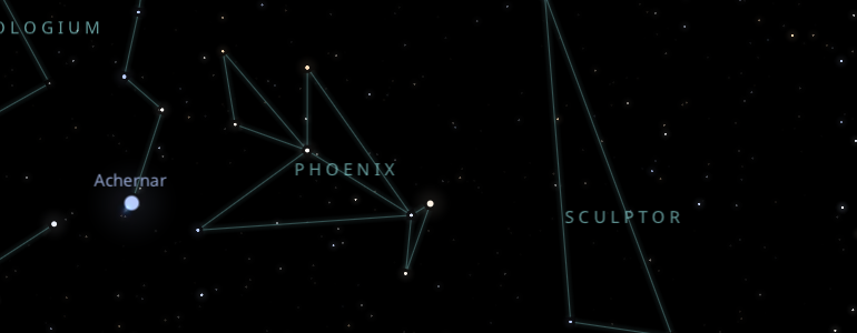 The shape and the main stars of Phoenix constellation alongside the neighboring constellations in outer space.