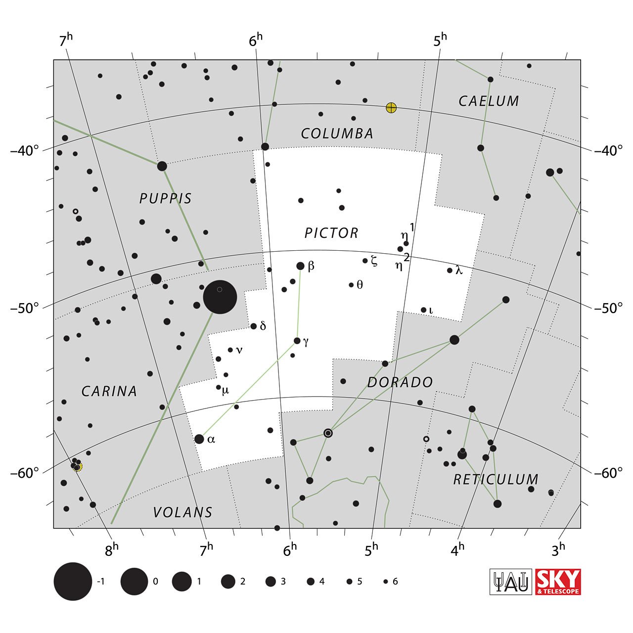 The location of the Pictor Constellation is displayed in a star map by IAU from the Sky & Telescope magazine.