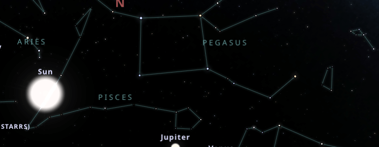 The shape and the main stars of Pisces constellation alongside the neighboring constellations in outer space.