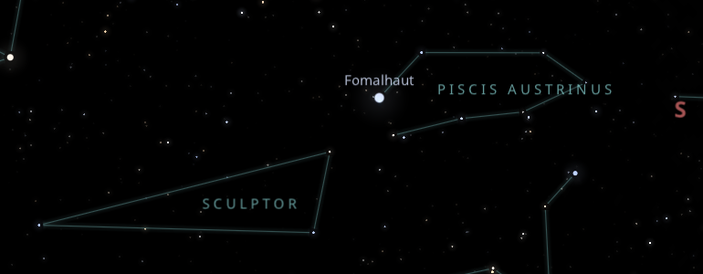 The shape and the main stars of Piscis Austrinus constellation alongside the neighboring constellations in outer space. 