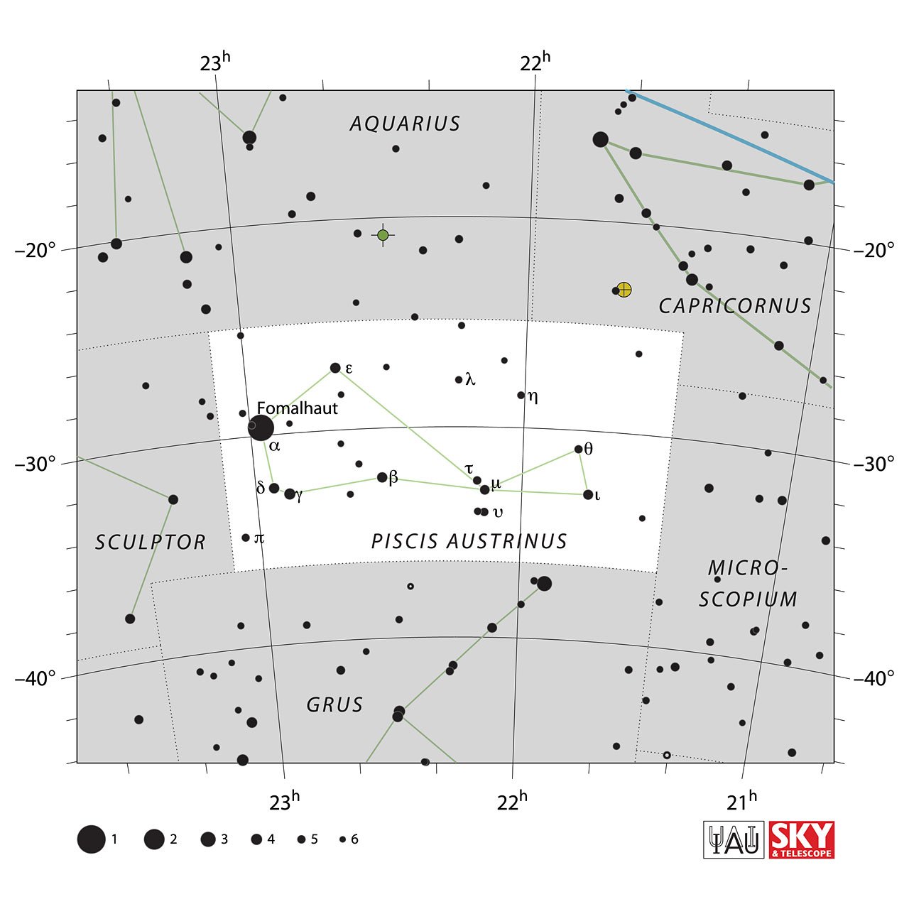 The location of the Piscis Austrinus Constellation is displayed in a star map by IAU from the Sky & Telescope magazine.