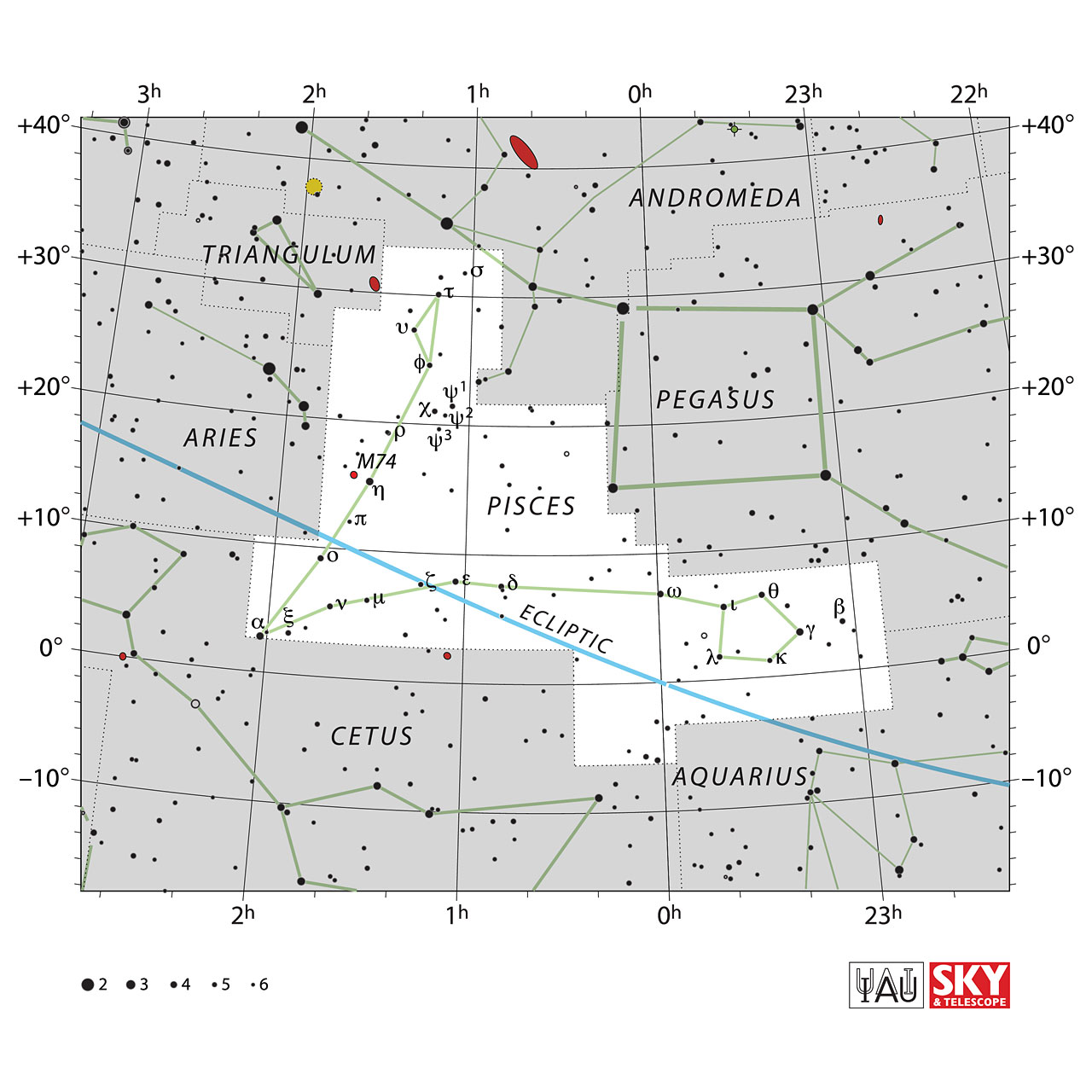 The location of the Pisces Constellation is displayed in a star map by IAU from the Sky & Telescope magazine.