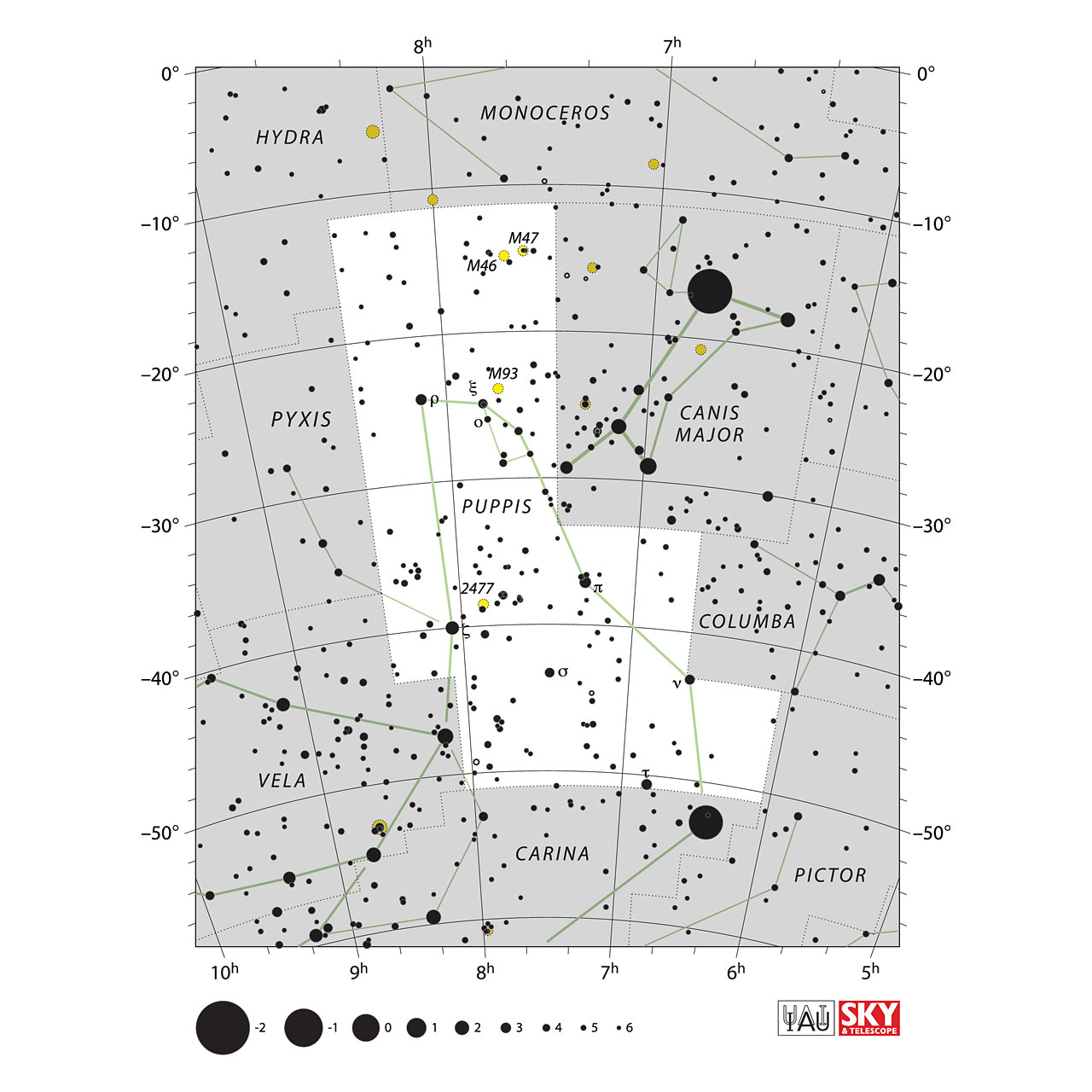 The location of the Puppis Constellation is displayed in a star map by IAU from the Sky & Telescope magazine.