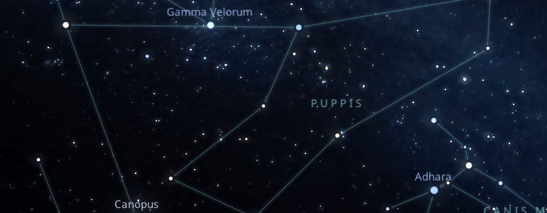 The shape and the main stars of Puppis constellation alongside the neighboring constellations in outer space.