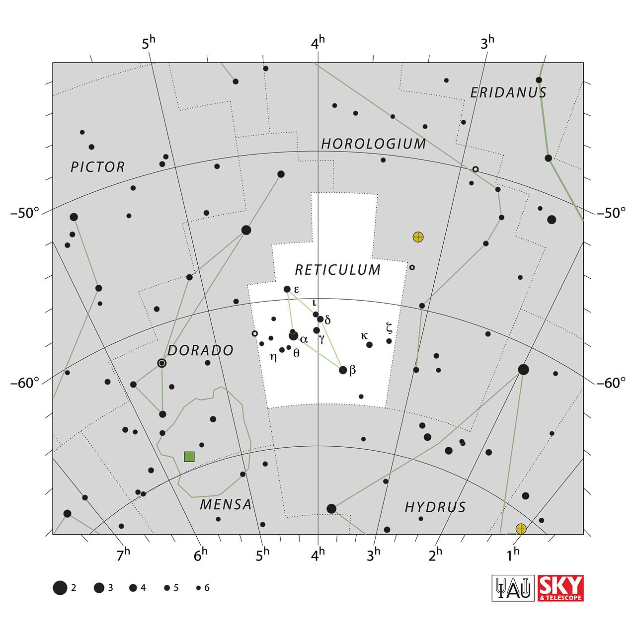 The location of the Reticulum Constellation is displayed in a star map by IAU from the Sky & Telescope magazine.