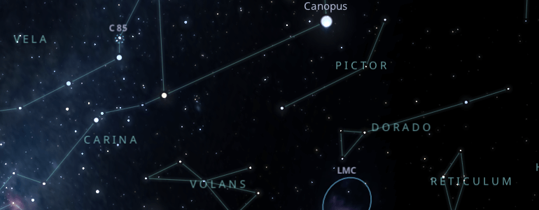 The shape and the main stars of Reticulum constellation alongside the neighboring constellations in outer space. 