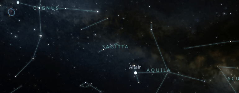 The shape and the main stars of Sagitta constellation alongside the neighboring constellations in outer space.