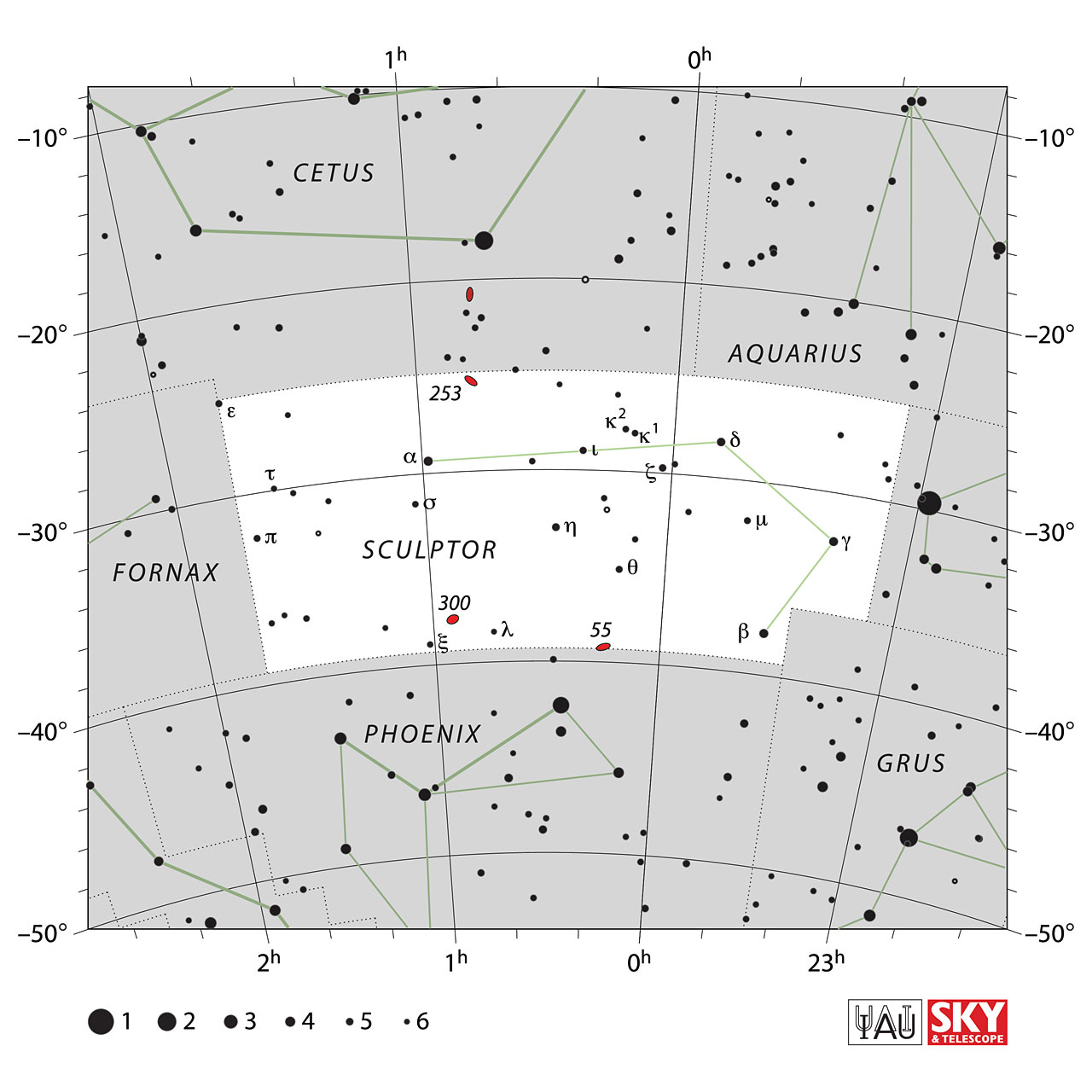 The location of the Sculptor Constellation is displayed in a star map by IAU from the Sky & Telescope magazine.