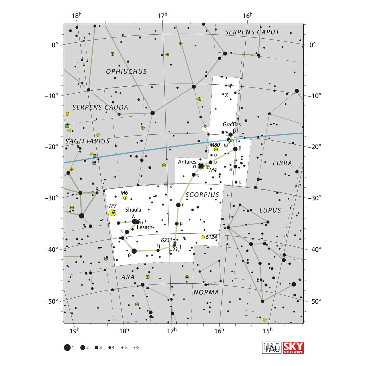 The location of the Scorpius Constellation is displayed in a star map by IAU from the Sky & Telescope magazine.