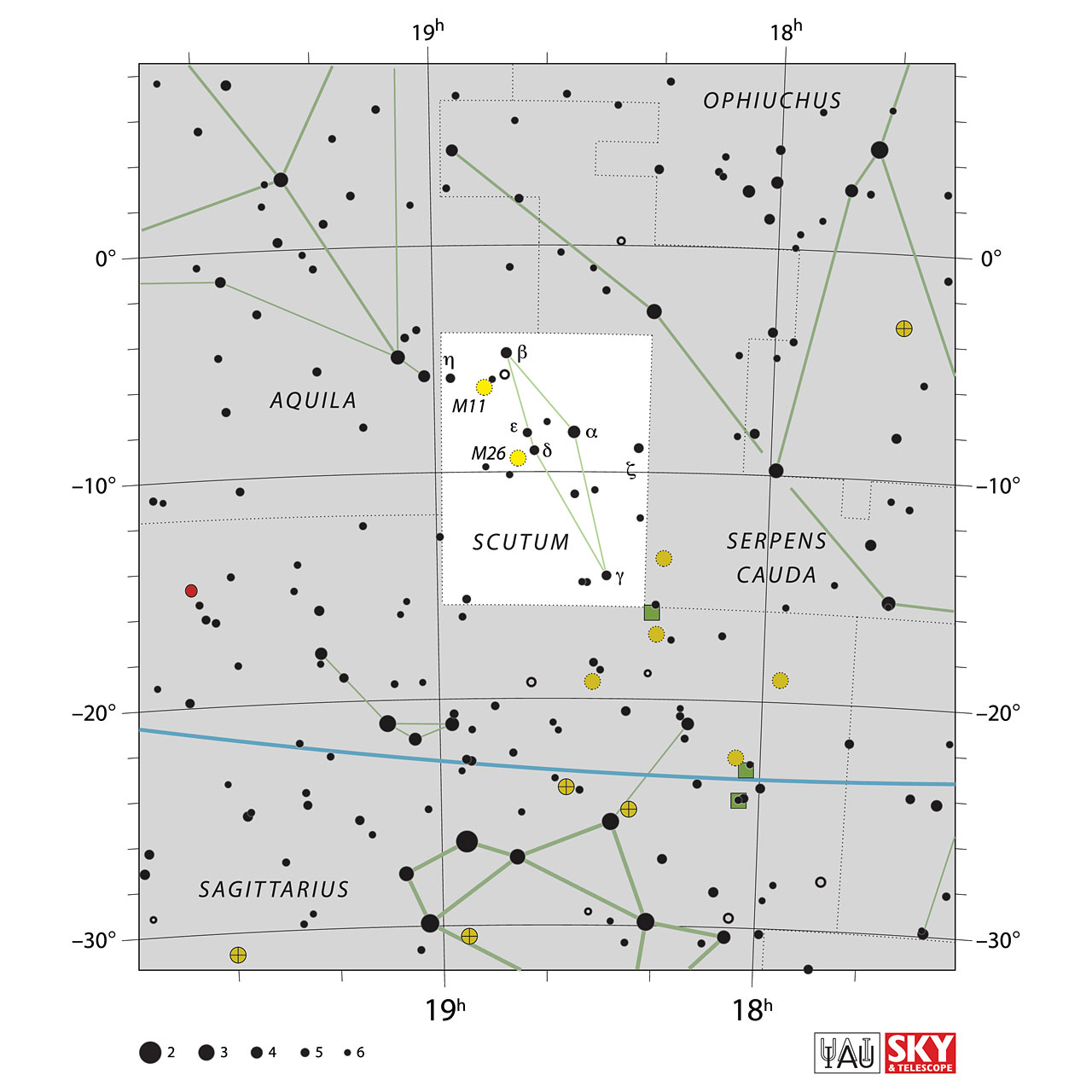 The location of the Scutum Constellation is displayed in a star map by IAU from the Sky & Telescope magazine.