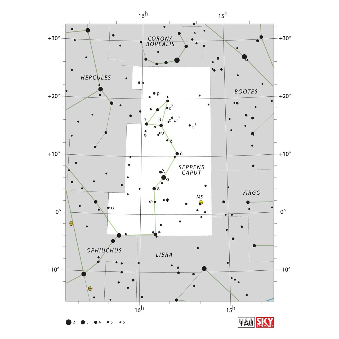 The location of the Serpens Constellation is displayed in a star map by IAU from the Sky & Telescope magazine.