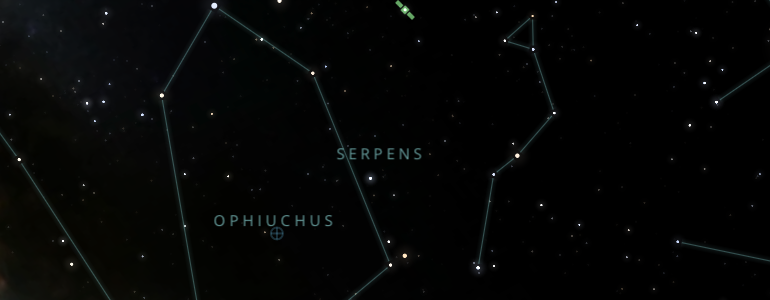 The shape and the main stars of Serpens constellation alongside the neighboring constellations in outer space.