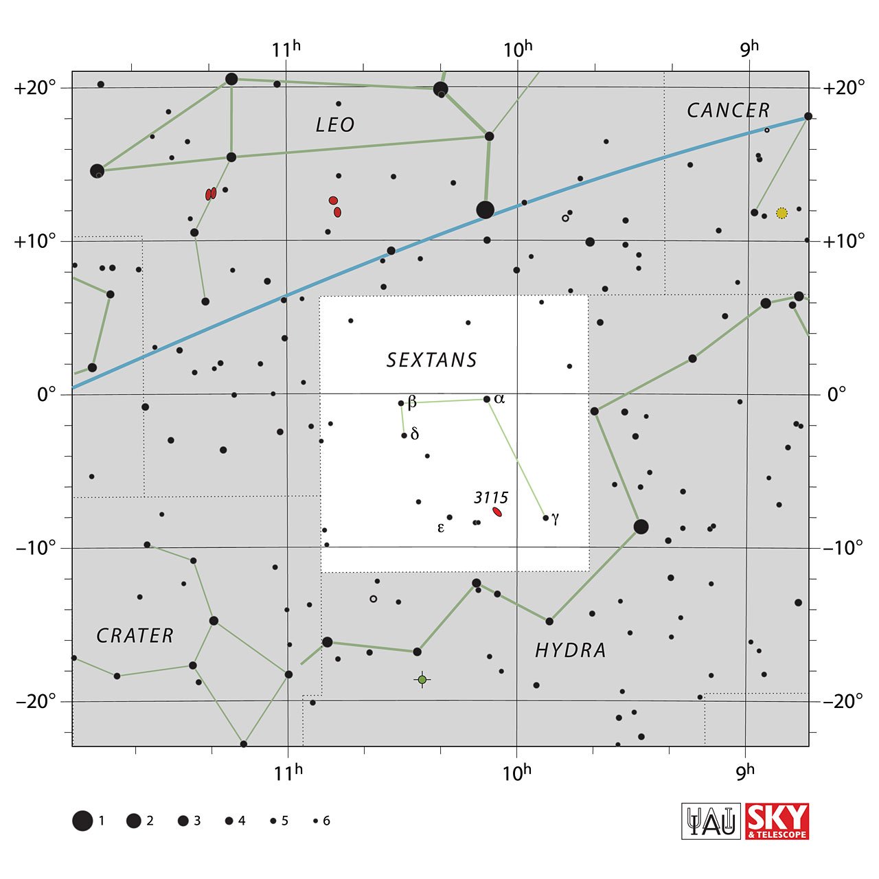 The location of the Sextans Constellation is displayed in a star map by IAU from the Sky & Telescope magazine.