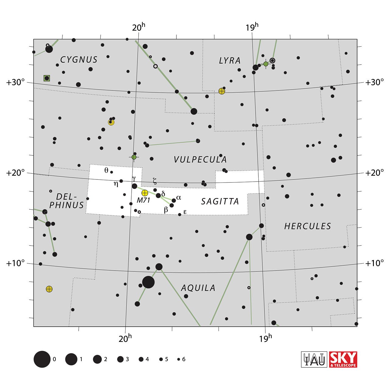 The location of the Sagitta Constellation is displayed in a star map by IAU from the Sky & Telescope magazine.