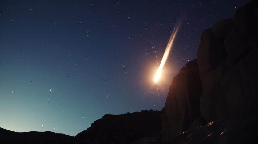 A yellow glowing comet falling near a cliff