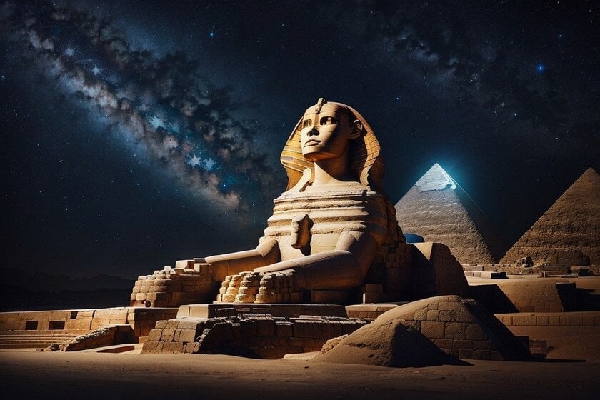 Stars and galaxies shining brightly above the pyramids of Egypt and the sphinx