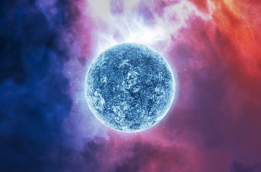 A blue star floating in dark blue purple and red space clouds