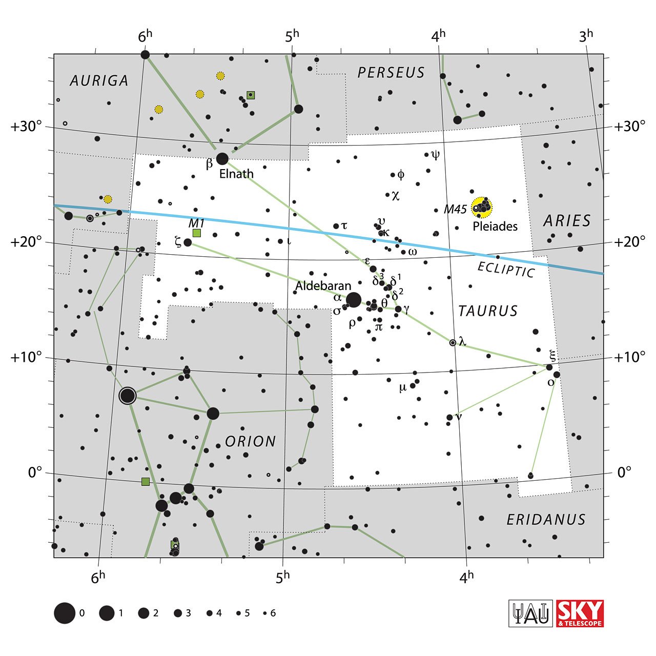 The location of the Taurus Constellation is displayed in a star map by IAU from the Sky & Telescope magazine.