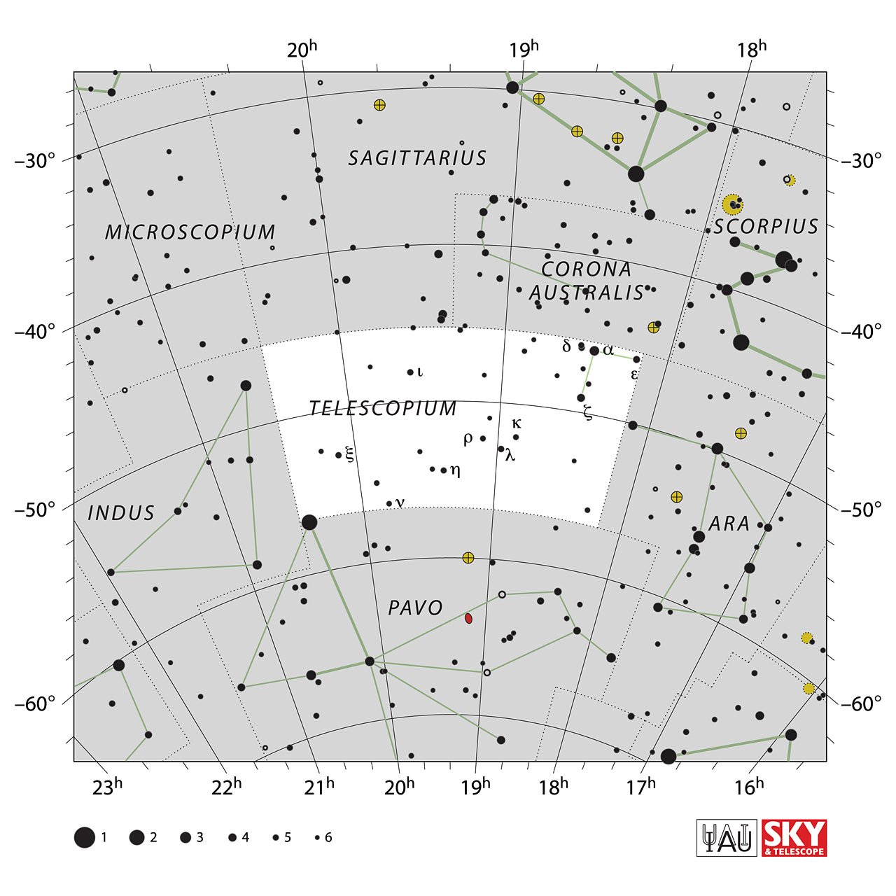 The location of the Telescopium Constellation is displayed in a star map by IAU from the Sky & Telescope magazine.