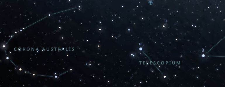 The shape and the main stars of Telescopium constellation alongside the neighboring constellations in outer space.