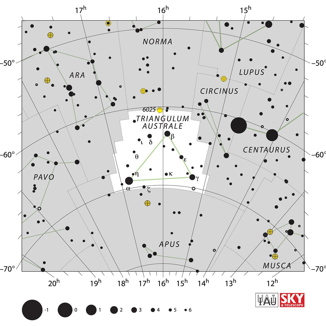 The location of the Triangulum Australe Constellation is displayed in a star map by IAU from the Sky & Telescope magazine.