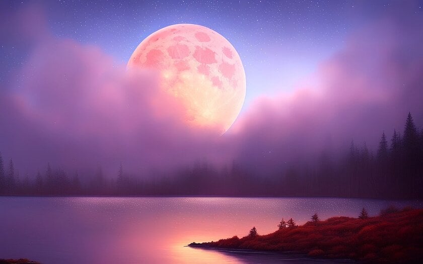 A pinkish Moon peeking through purple clouds and illuminating a pond and the forest line