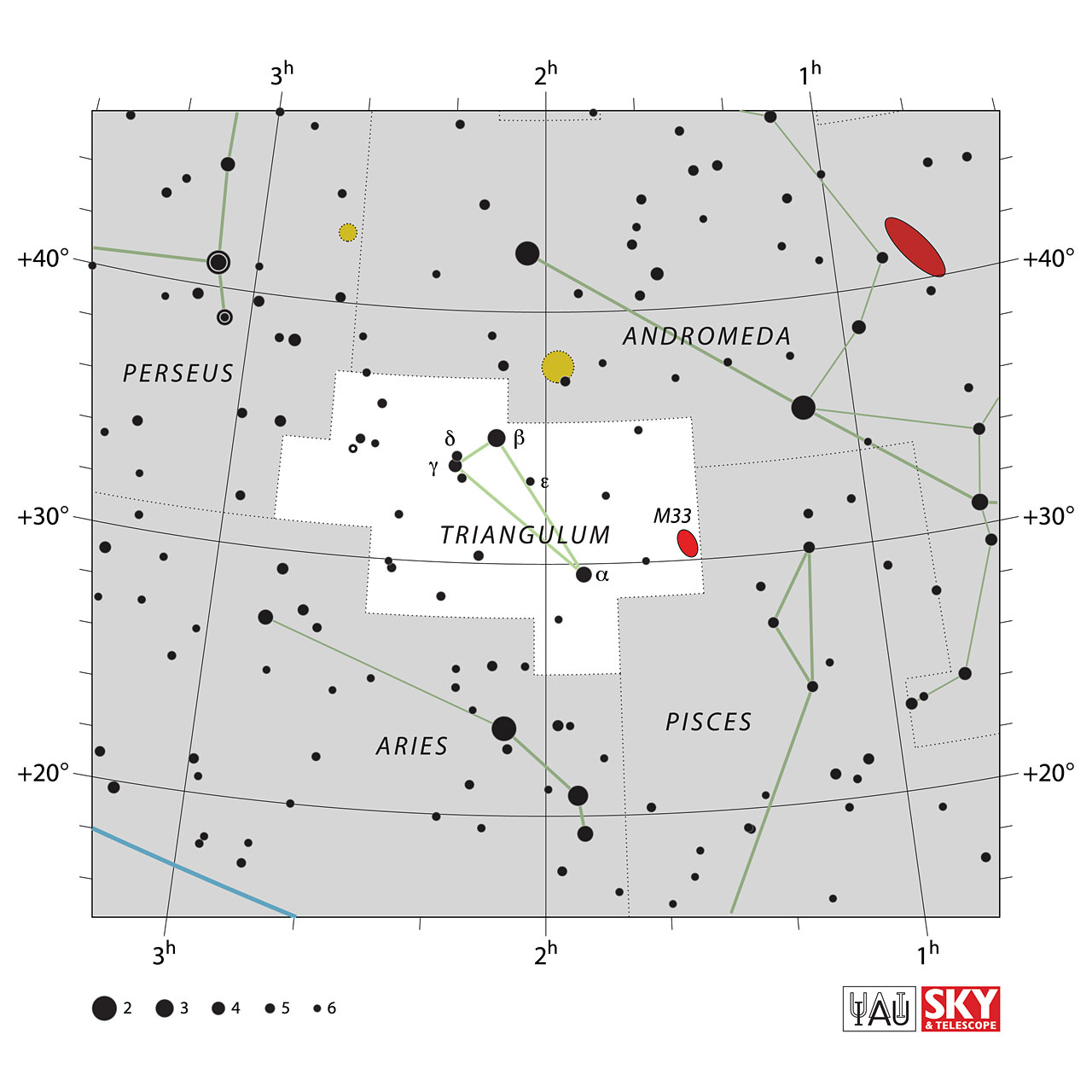 The location of the Triangulum Constellation is displayed in a star map by IAU from the Sky & Telescope magazine.