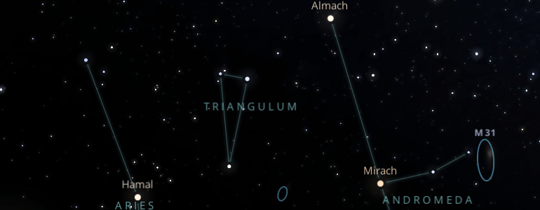 The shape and the main stars of Triangulum constellation alongside the neighboring constellations in outer space.