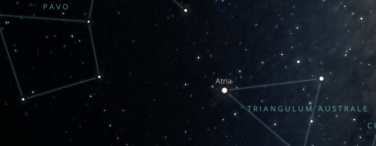 The shape and the main stars of Triangulum Australe constellation alongside the neighboring constellations in outer space.