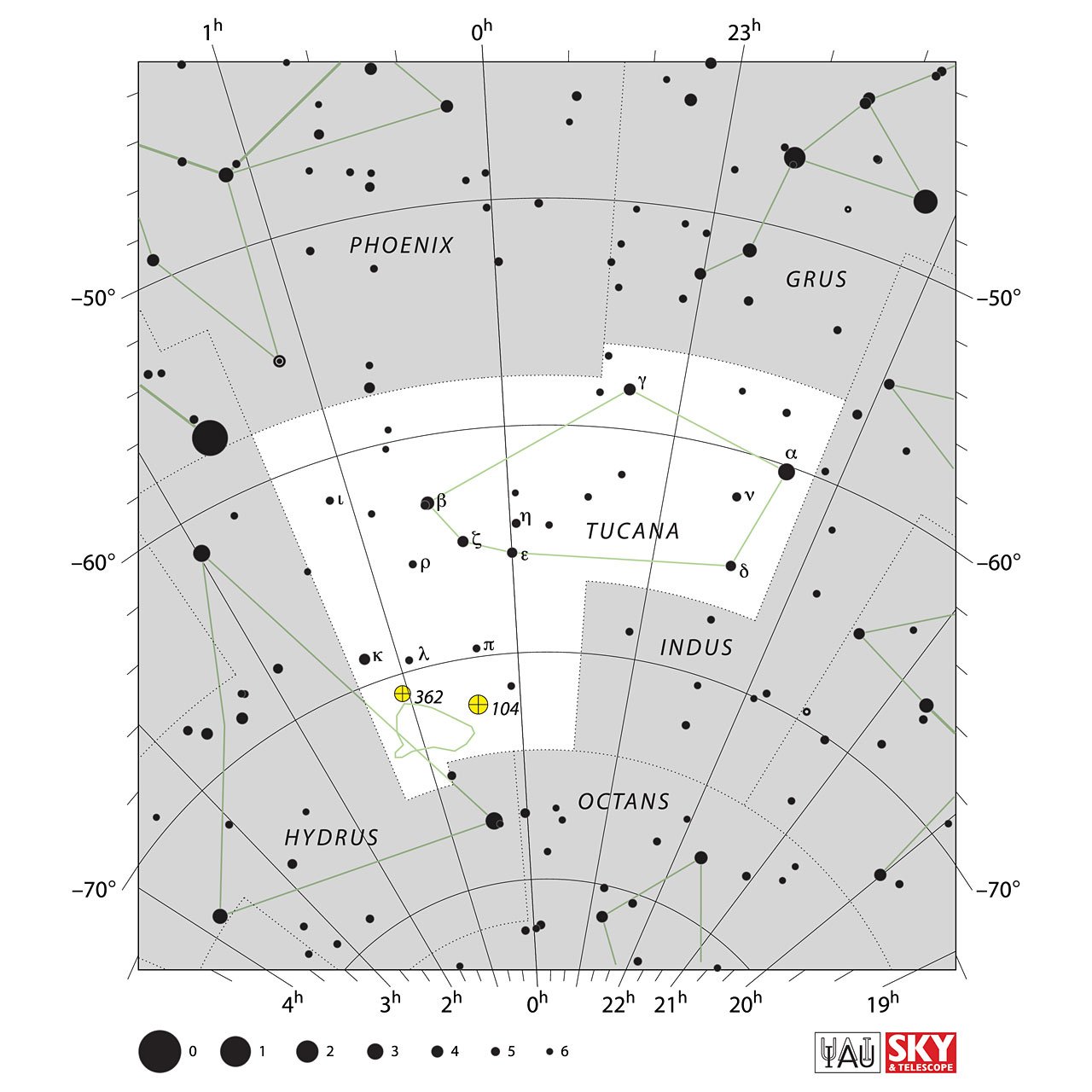 The location of the Tucana Constellation is displayed in a star map by IAU from the Sky & Telescope magazine.