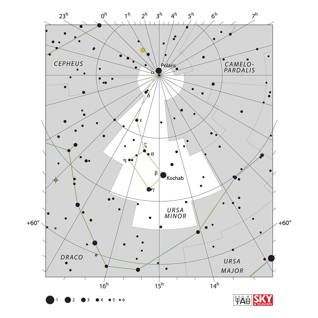 The location of the Ursa Minor Constellation is displayed in a star map by IAU from the Sky & Telescope magazine.