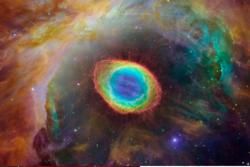 A rainbow colored nebula surrounded with clouds of different colors and stars shining in the cosmos