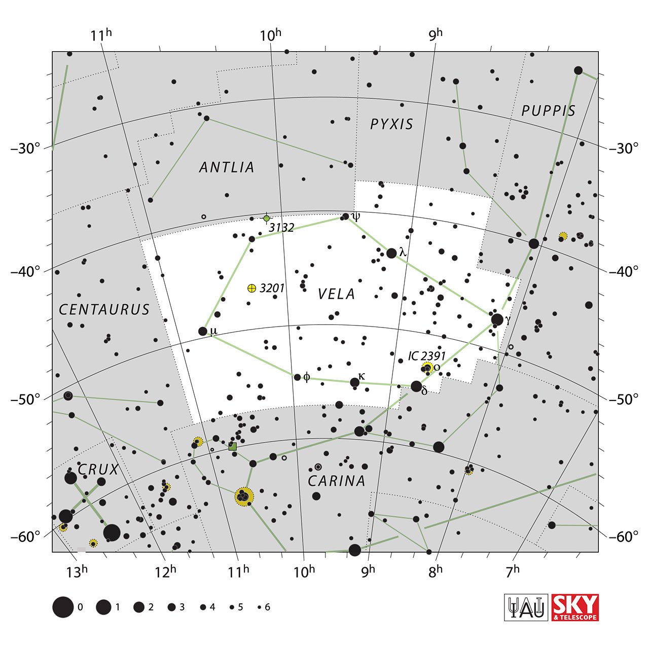 The location of the Vela Constellation is displayed in a star map by IAU from the Sky & Telescope magazine.